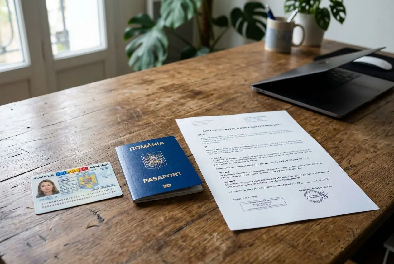 Classeur de documents et pièces d’identité roumaines sur une table en bois: passeport bleu, carte d’identité et fiche officielle. Texte contextuel sur pourquoi les roumains travaillent en france.