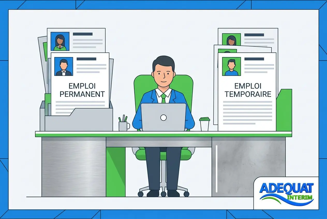 Comparaison visuelle entre emploi permanent et emploi temporaire: un salarié tire des documents sur deux piles (employé permanent à gauche, temporaire à droite) derrière un bureau avec ordinateur.