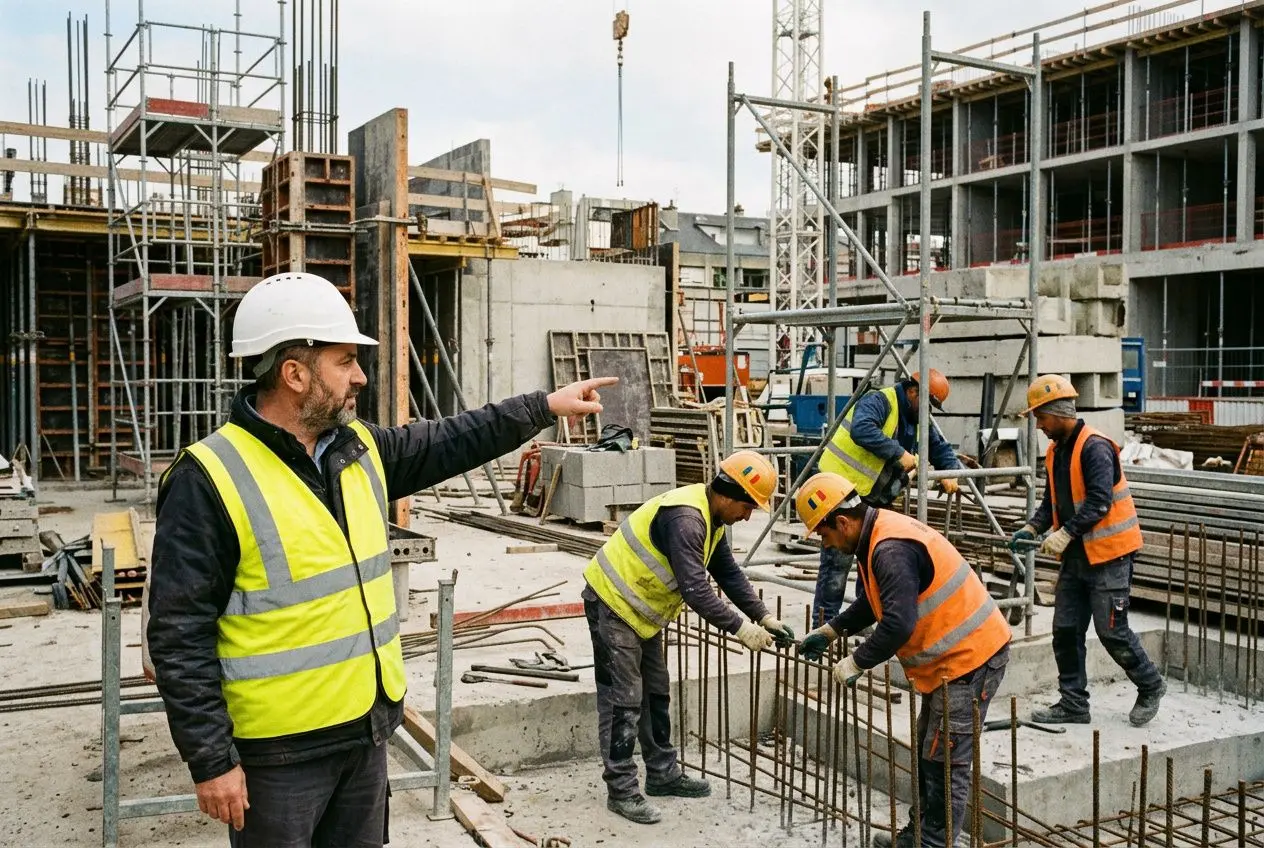 Dessinateur de chantier et ouvriers en jaune vifs sur un site de construction, supervision et pose de ferraillage int É en dur. intérim roumanie pour entreprises intégrée naturellement.