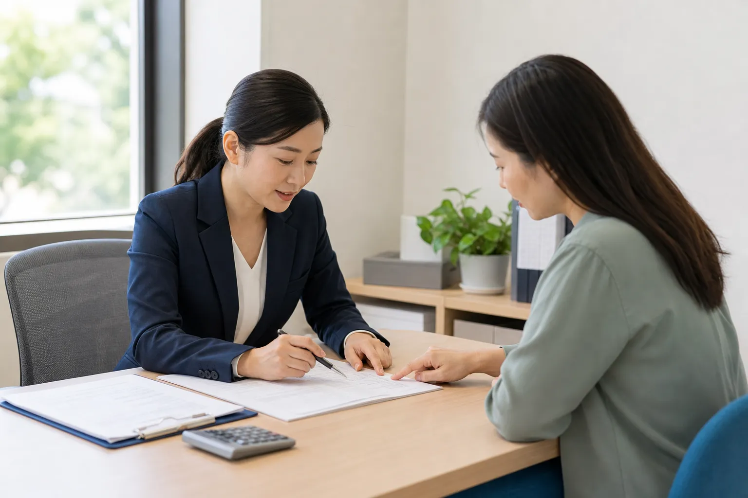 Deux professionnelles discutent et signent des documents sur un bureau, avec une calculette et des dossiers; ambiance bureautique pour assurer la conformite légale entreprise.