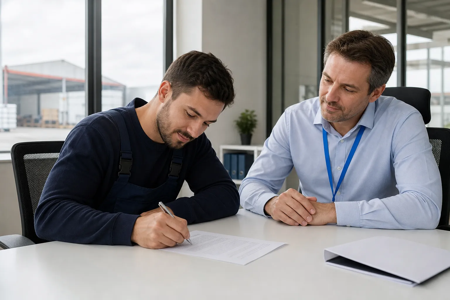 Deux professionnels en contexte bureautique signent un document ; l’un prend des notes pendant que l’autre supervise, ambiance recrutement. Comment se passe l'embauche d'un intérimaire.