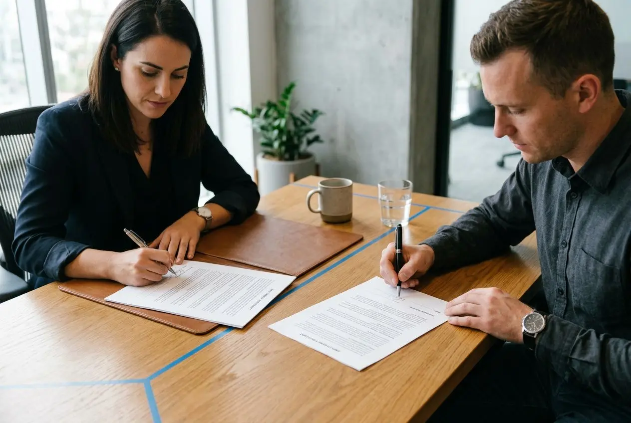 Deux professionnels signent des contrats lors d’un rendez-vous de travail, une femme et un homme autour d’une table en bois.