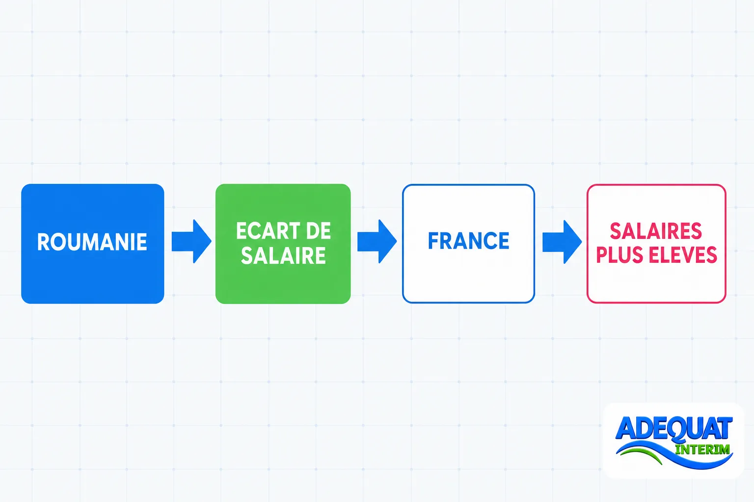 Diagramme flow: Roumanie → écart de salaire → France → salaires plus élevés, illustration ADEQUAT INTERIM.
