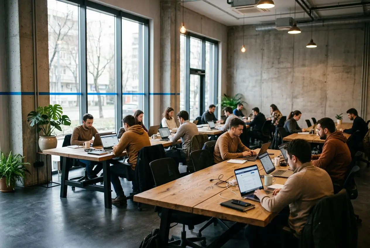 Espace de coworking moderne avec plusieurs personnes travaillant sur ordinateurs portables autour de longues tables en bois.