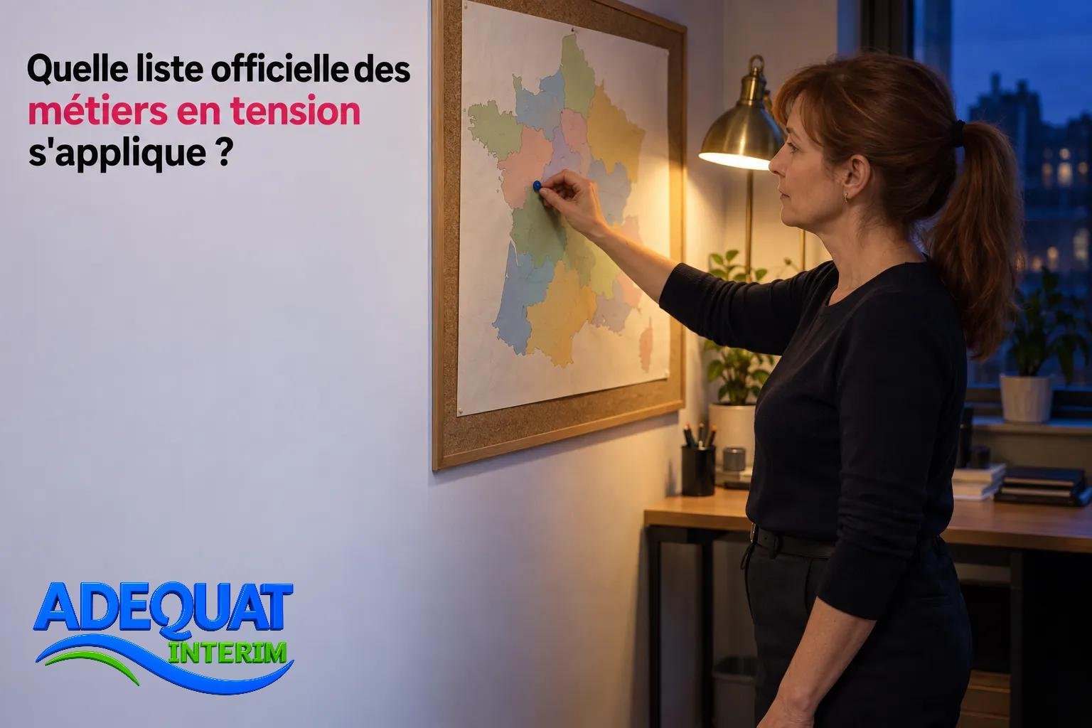 Une femme pointe un planificateur sur une carte murale dans un bureau, près du texte qui demande quelles métiers en tension