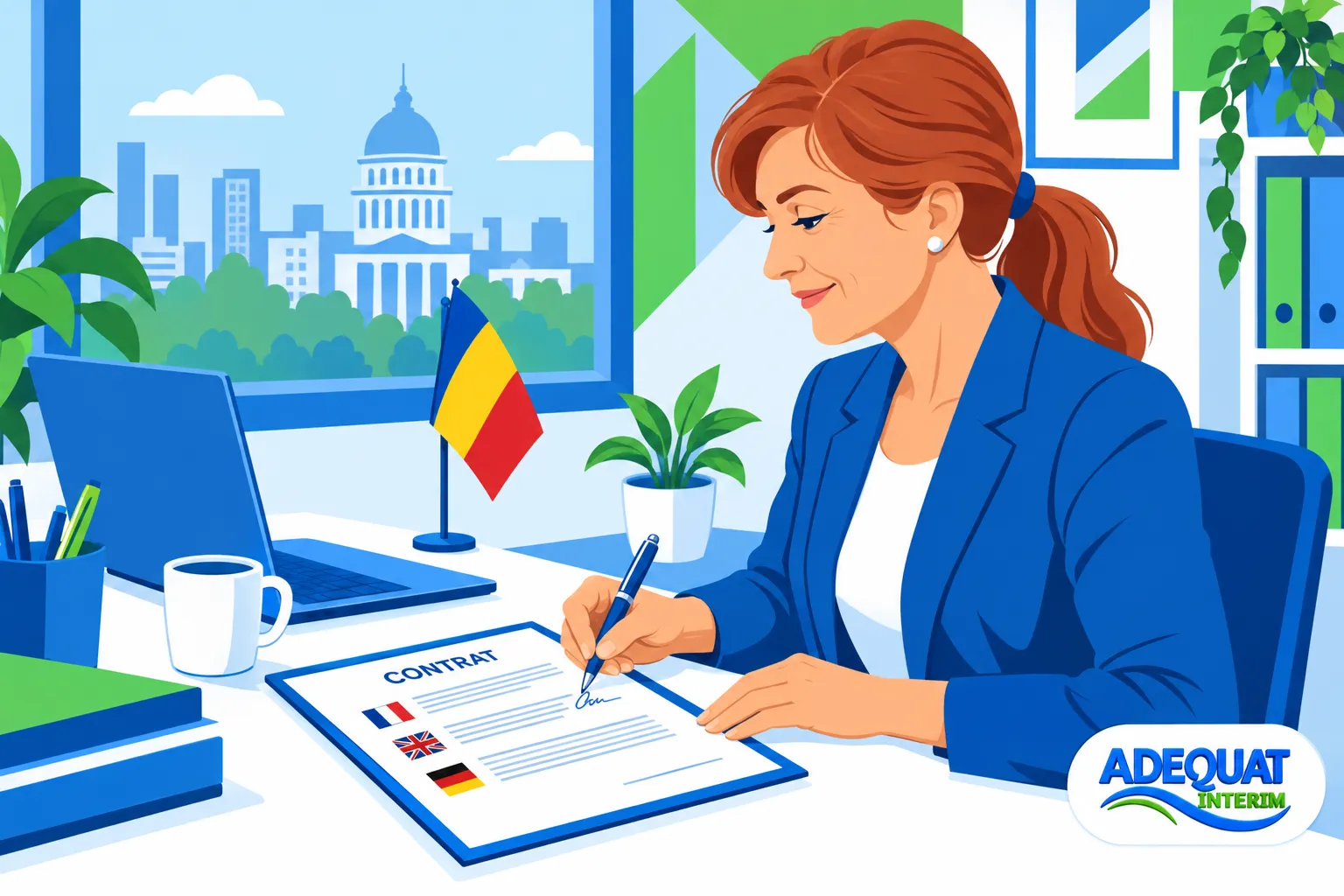 Femme signant un contrat dans un bureau lumineux, drapeau britannique et roumain sur le bureau, ambiance professionnelle. Travailler à l'étranger pour une entreprise française.