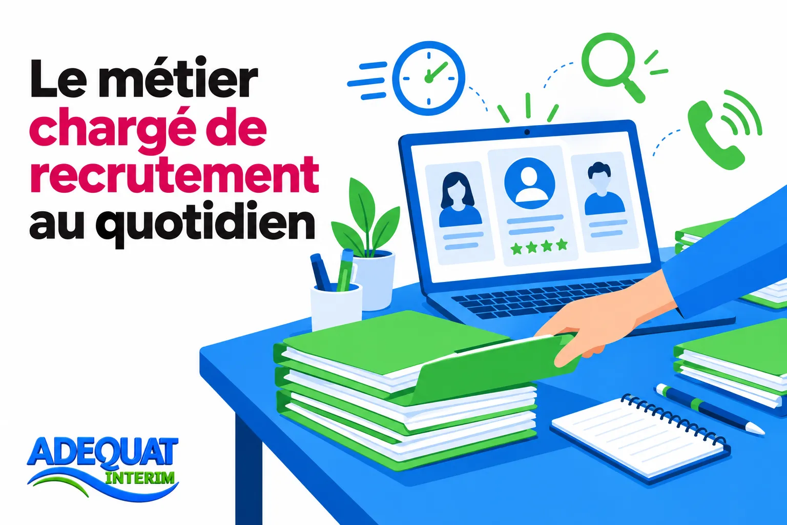 Fiche métier chargé de recrutement en agence d'intérim : portrait illustré d’un bureau avec ordinateur affichant des profils, piles de dossiers verts, et instruments de travail.