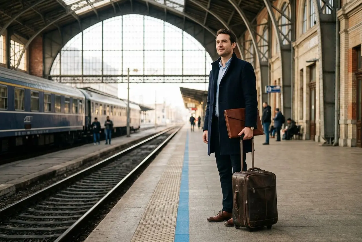 Homme d’affaires debout sur une plateforme de gare, sac à roulettes et porte-documents, prêt à voyager. travailger en roumanie en tant que français.