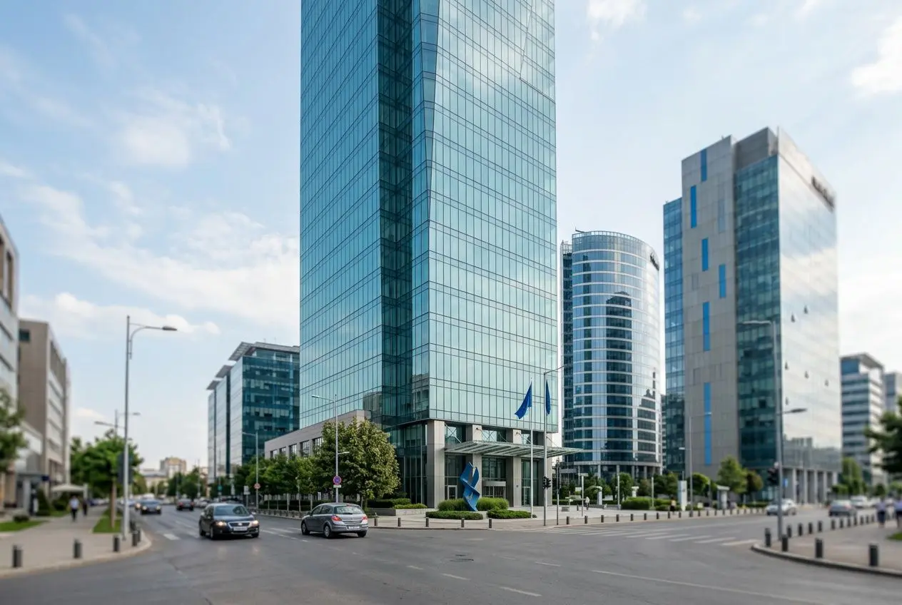 Imposants immeubles modernes à Bucarest, boulevard fréquenté et ciel bleu; façade en verre reflétant la ville. offre emploi bucarest pour français intégré.