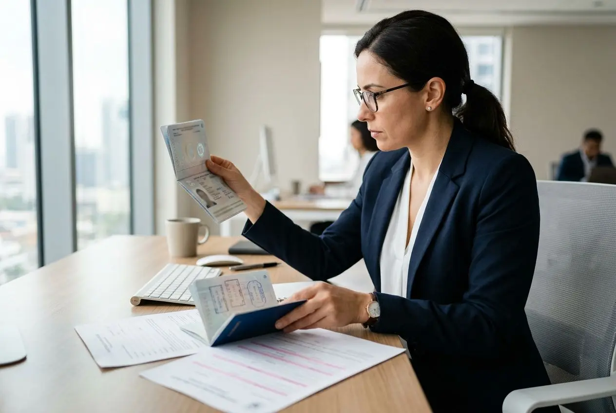 Professionnelle en bureau examinant des documents et passeports, sur un bureau ensoleillé. Permis de travail europe intégré.