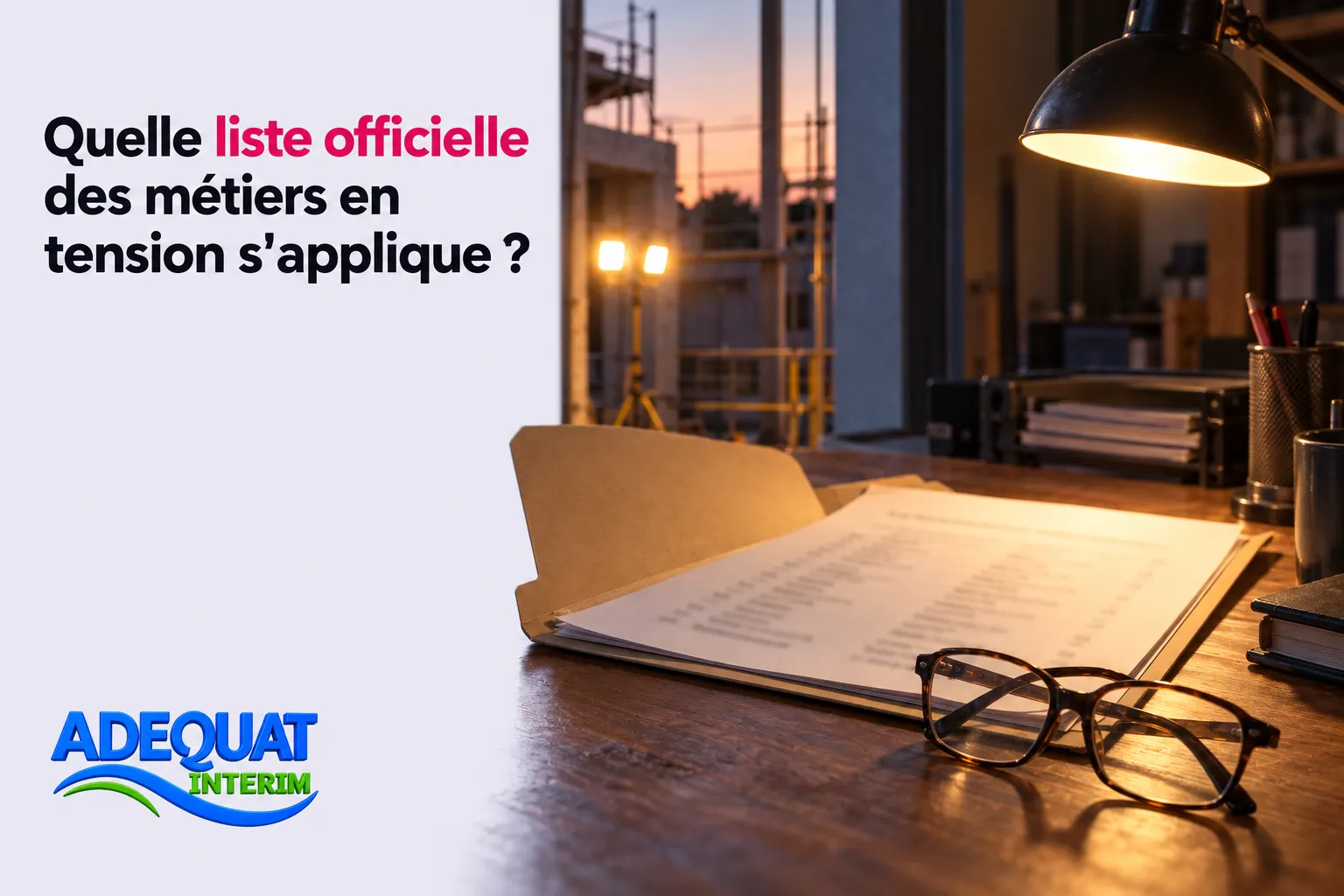 Une table de bureau avec une lampe, des lunettes et des documents posés devant, dans un espace de travail.