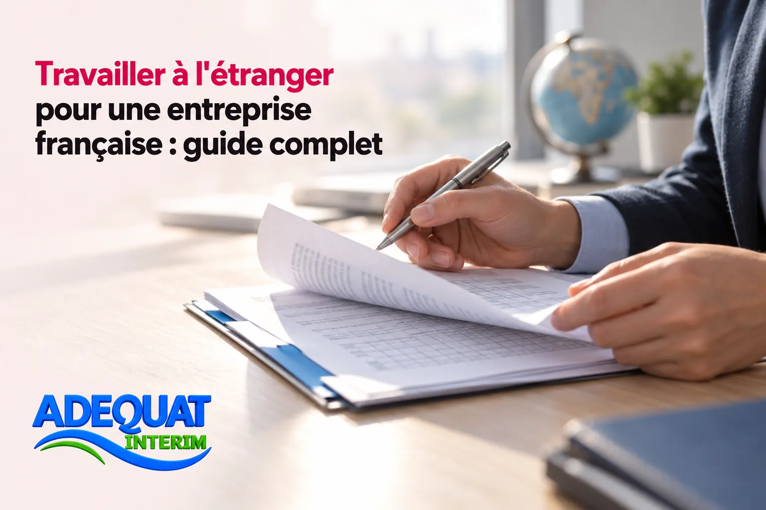 Travailler à l'étranger pour une entreprise française : guide complet, main tenant un stylo et des documents sur le bureau, globe et plante en arrière-plan.