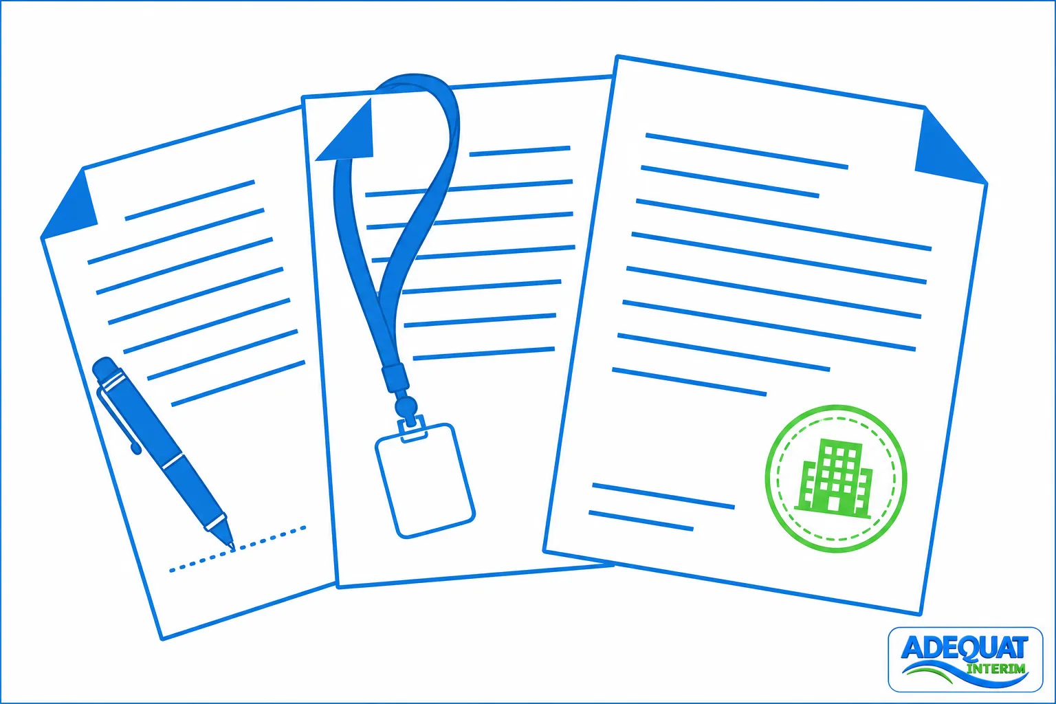 Trois documents et un badge bleu: formulaires et signature, rappelant les étapes de l’embauche d’un intérimaire, avec logo Adequat Interims.