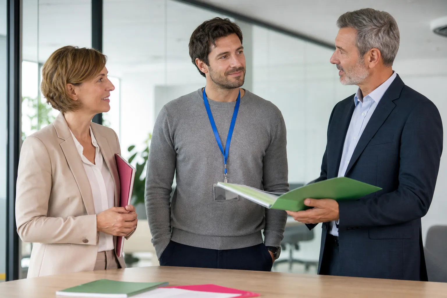 Trois professionnels discutent autour d’une table, échanges détendus et documents verts en main, dans un cadre d’entreprise. comment se passe l'embauche d'un intérimaire