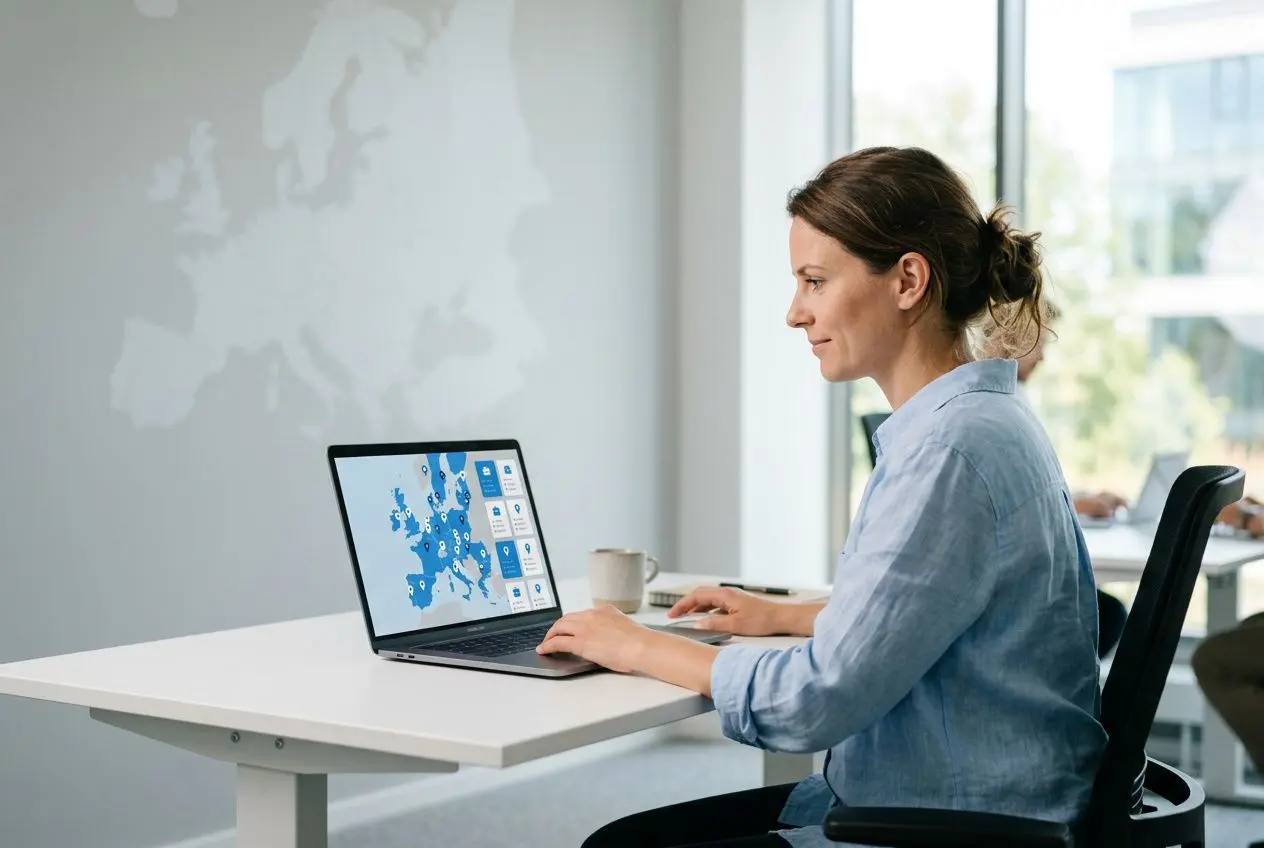 Utilisatrice assise à un bureau, consulte des offres d’emploi sur un laptop affichant une carte de l’Europe, dans un espace de travail. eures europa eu offre emploi