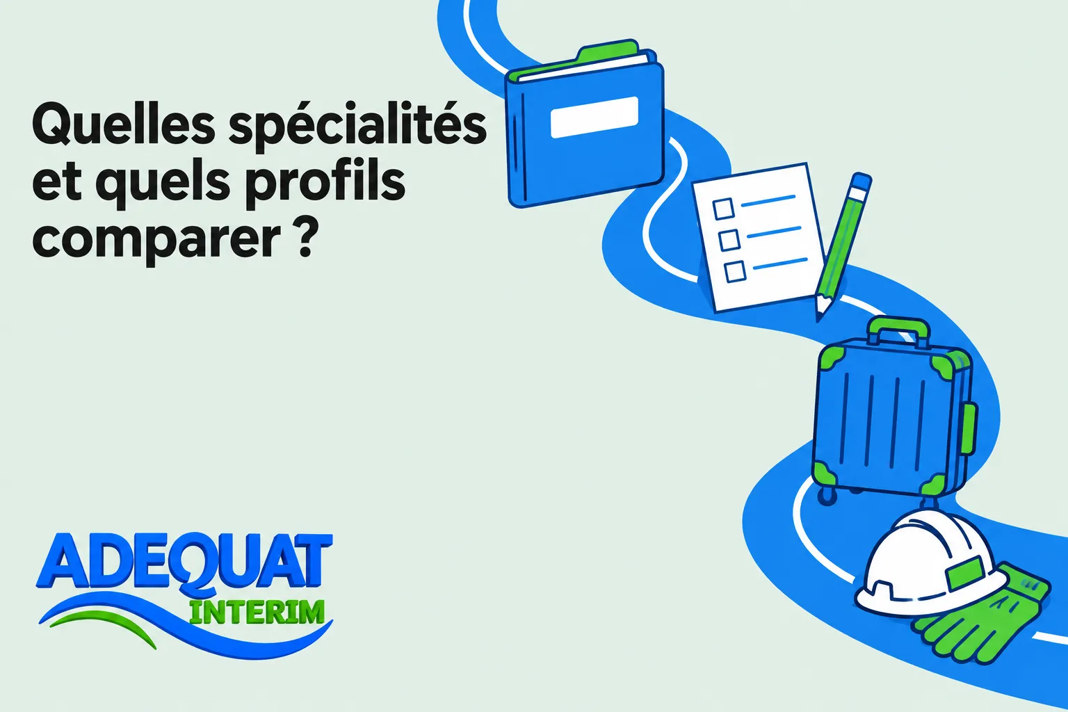Affiche illustrant des éléments de recrutement et de voyage: carnet, crayon et valise bleus le long d’un chemin bleu sur