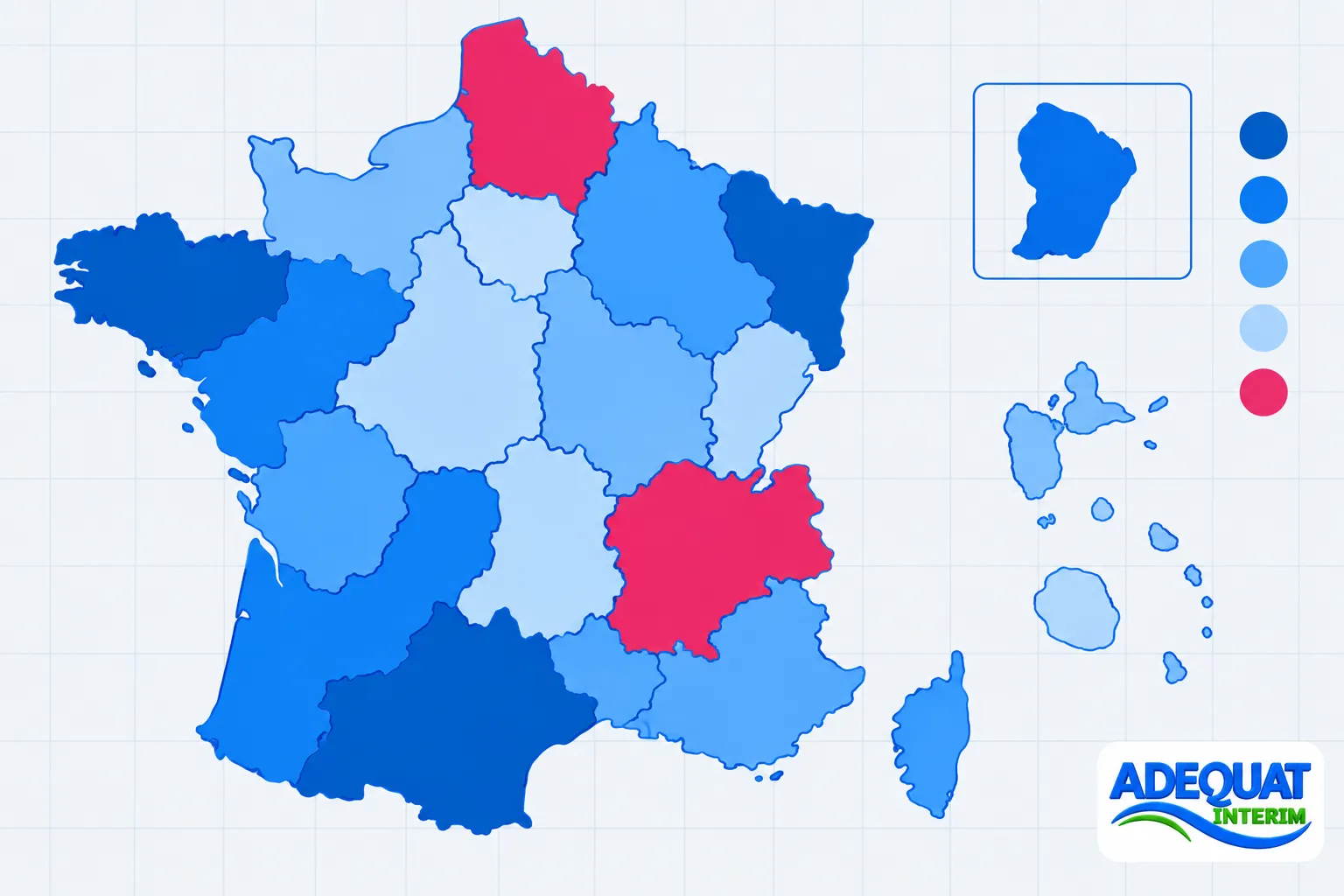 Carte de la France montrant des régions en différentes nuances de bleu et quelques régions en rouge.