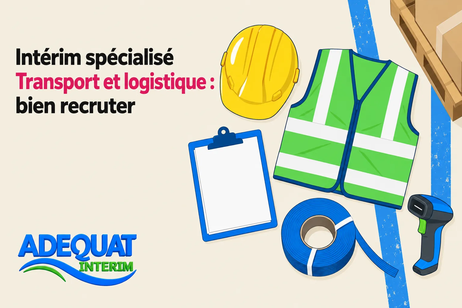 Casque, gilet de sécurité et outils de travail posés à côté d’un carnet et d’un ruban adhésif.