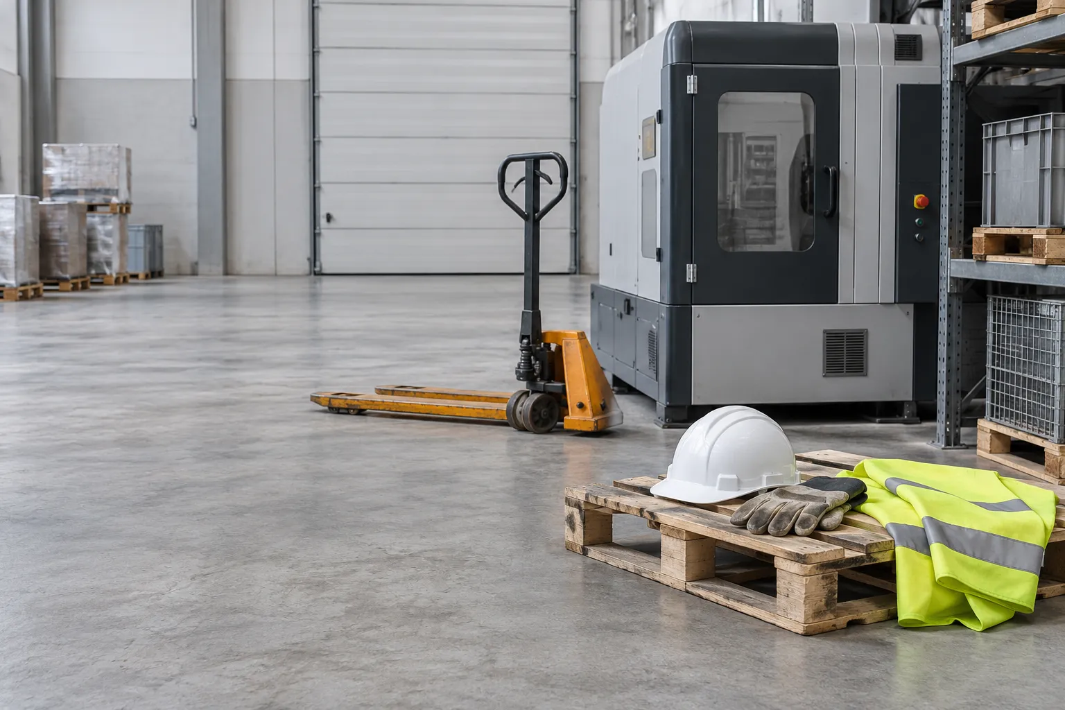 Chariot élévateur dans un entrepôt industriel avec casque, gants et gilet de sécurité posés sur une palette près d’un
