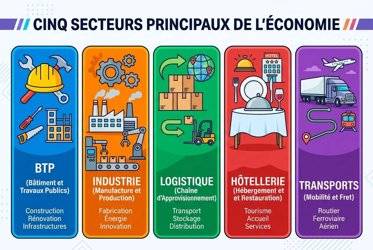 Cinq secteurs principaux de l’économie: BTP, Industrie, Logistique, Hôtellerie, Transports, chaque dalle illustrant outils, usines, flux et services.