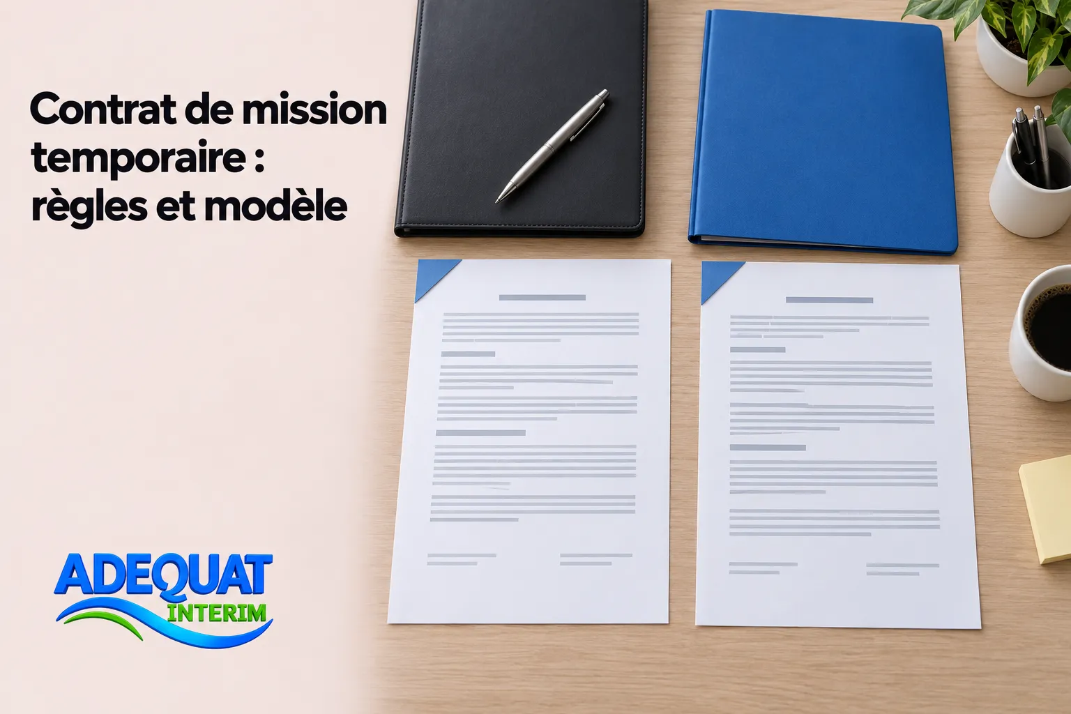 Contrat de mission temporaire posé sur une table avec documents et stylos.