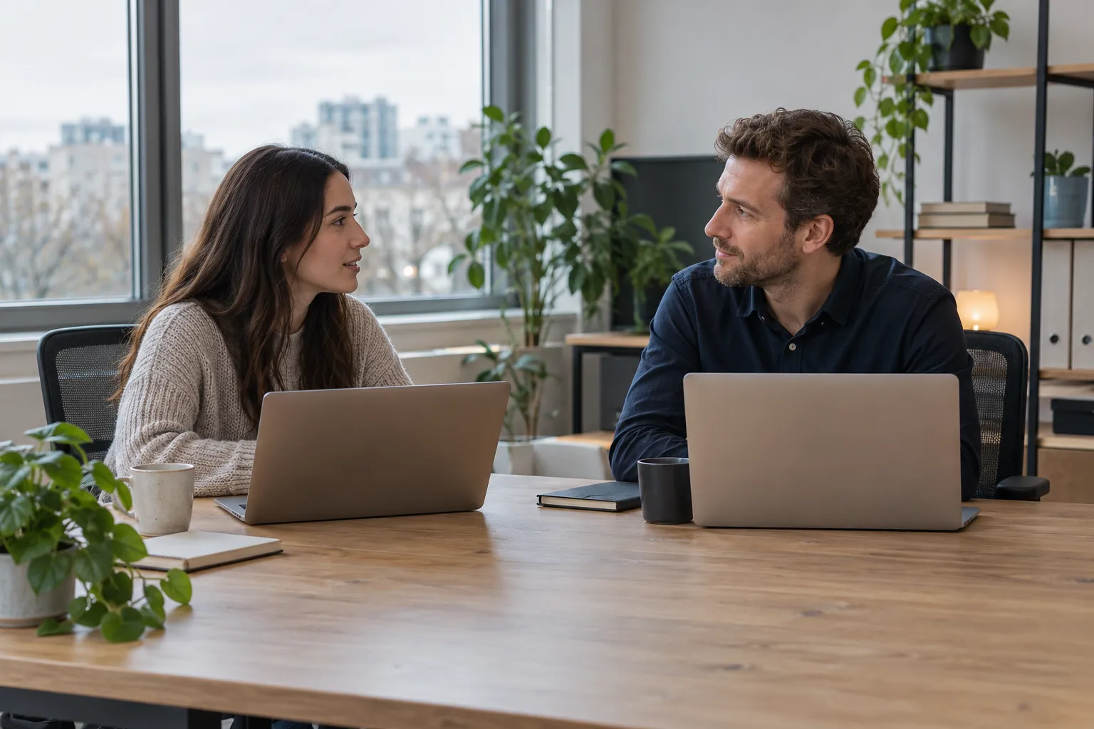 Deux collègues discutent en souriant autour d’une table de bureau avec des ordinateurs portables.