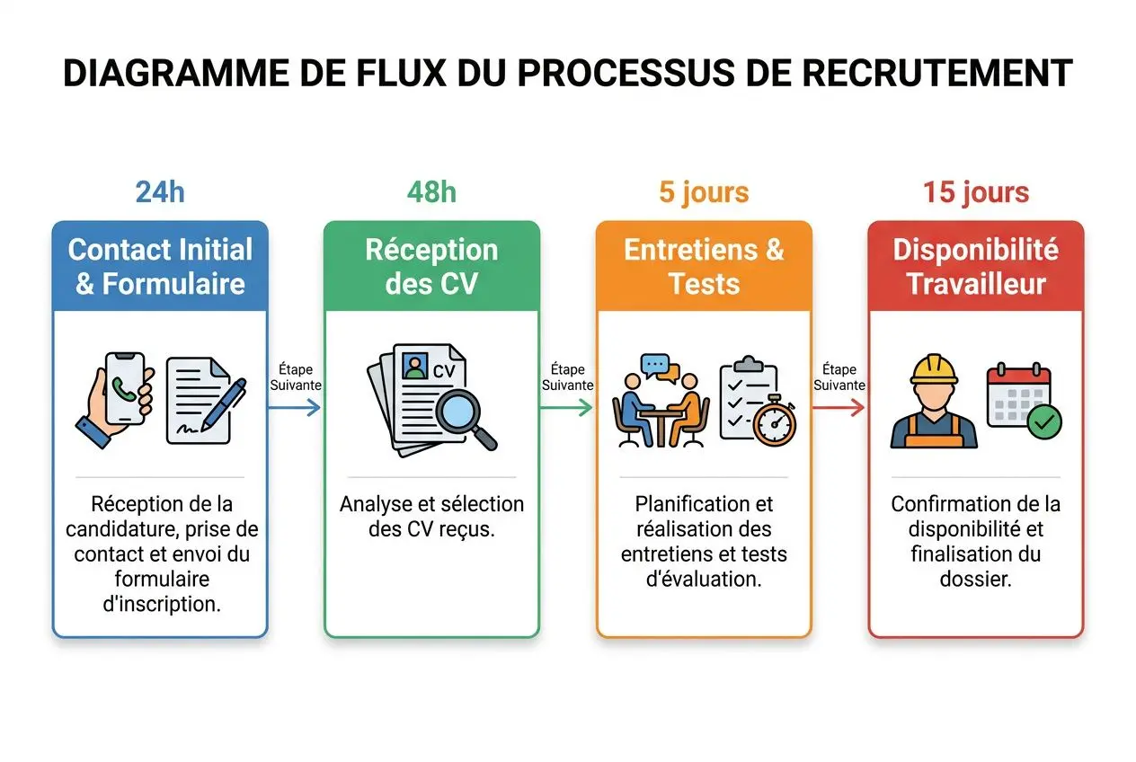 Diagramme de flux du processus de recrutement montrant les étapes: contact initial, réception des CV, entretiens & tests, disponibilité du travailleur. Intègre le concept « agences d'intérim roumanie ».