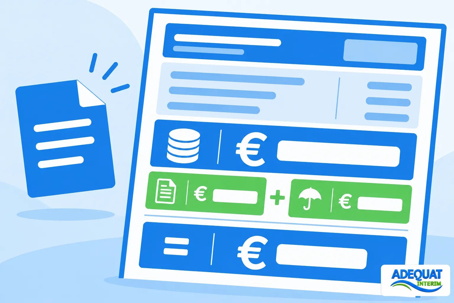 Document affichant une fiche de paie avec des symboles de euros et des encarts de calcul, à côté d’un document.