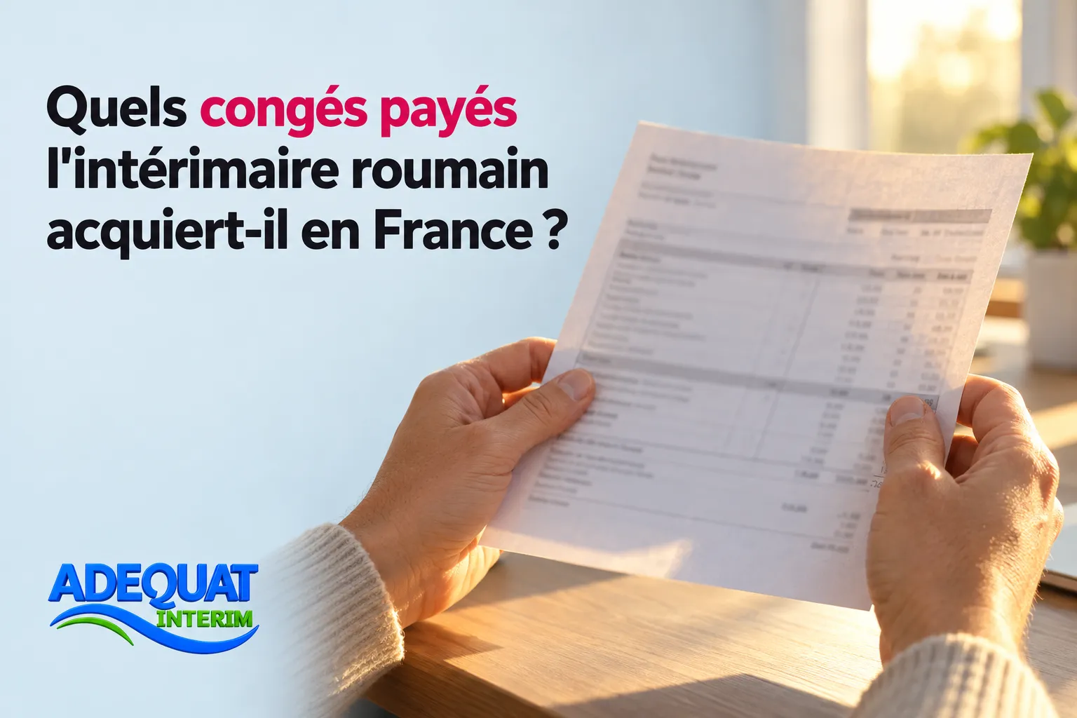 Un employé intérimaire tient un document en main devant un fond clair.