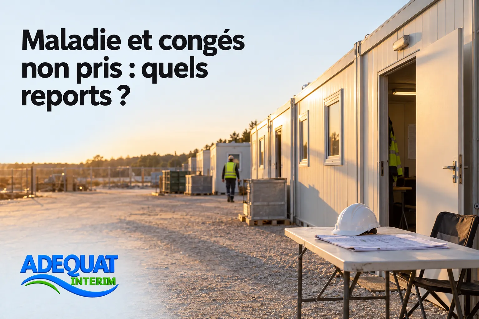 Équipements et tentes de chantier sur un site temporaire avec un casque posé sur une table et un salarié en gilet