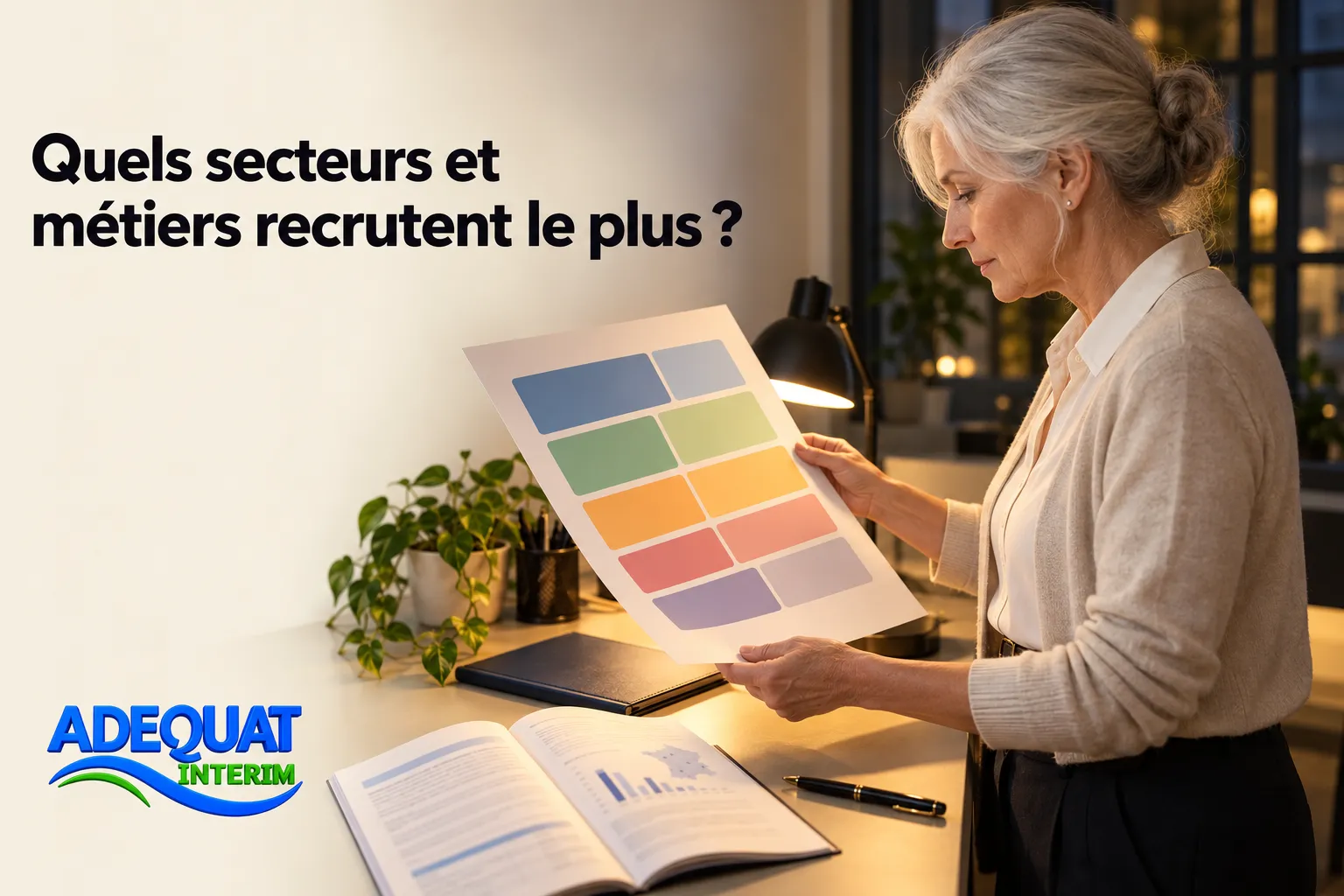 Une femme âgée examine un nuancier coloré posé sur un bureau près d’un cahier ouvert et d’un ordinateur.