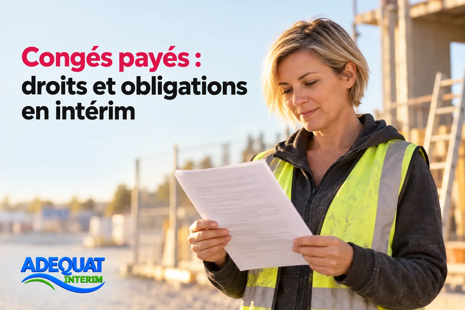 Une femme sur un chantier lit un document en portant un gilet jaune fluo.