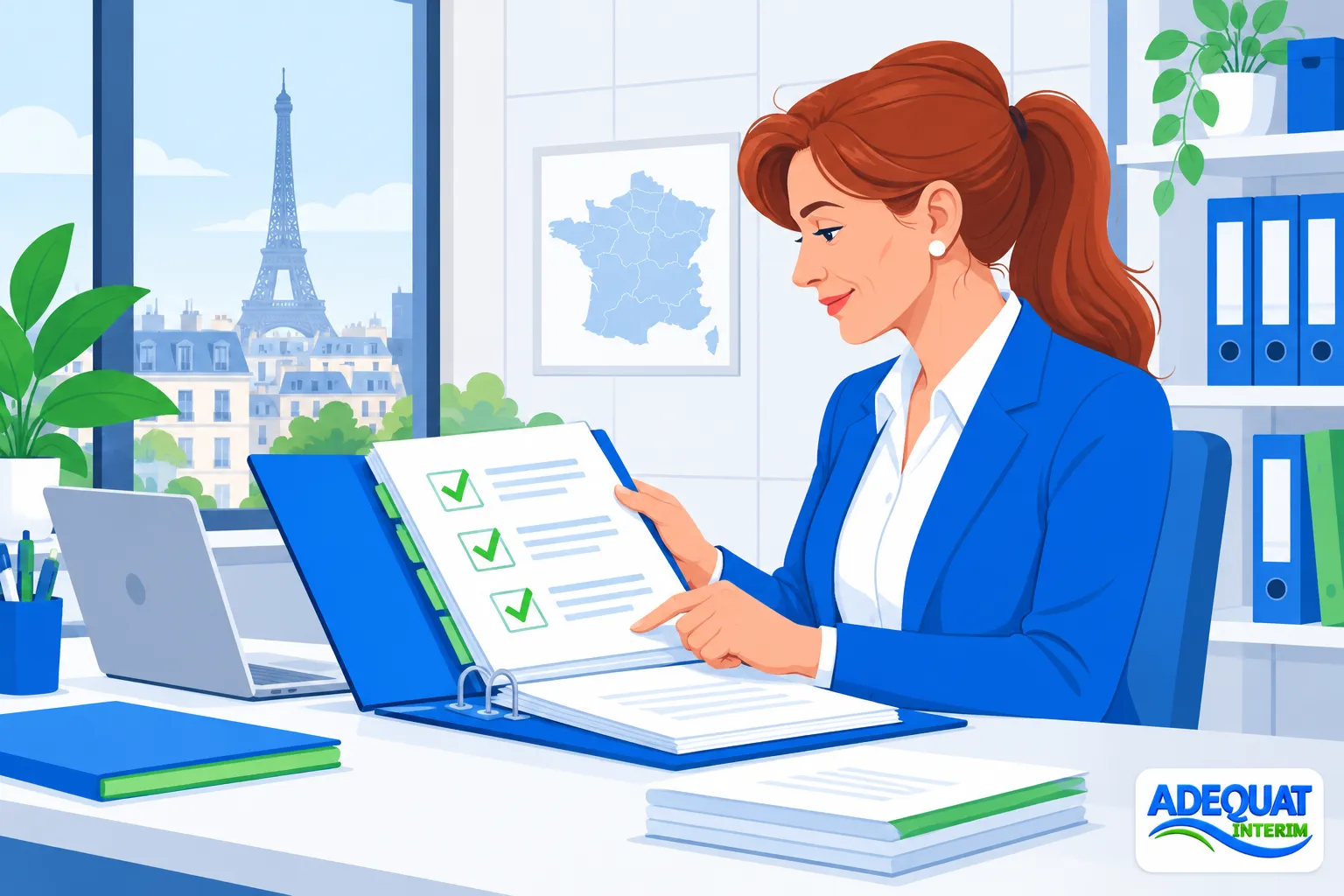 Une femme consulte un dossier à son bureau, devant une fenêtre donnant sur la tour Eiffel.
