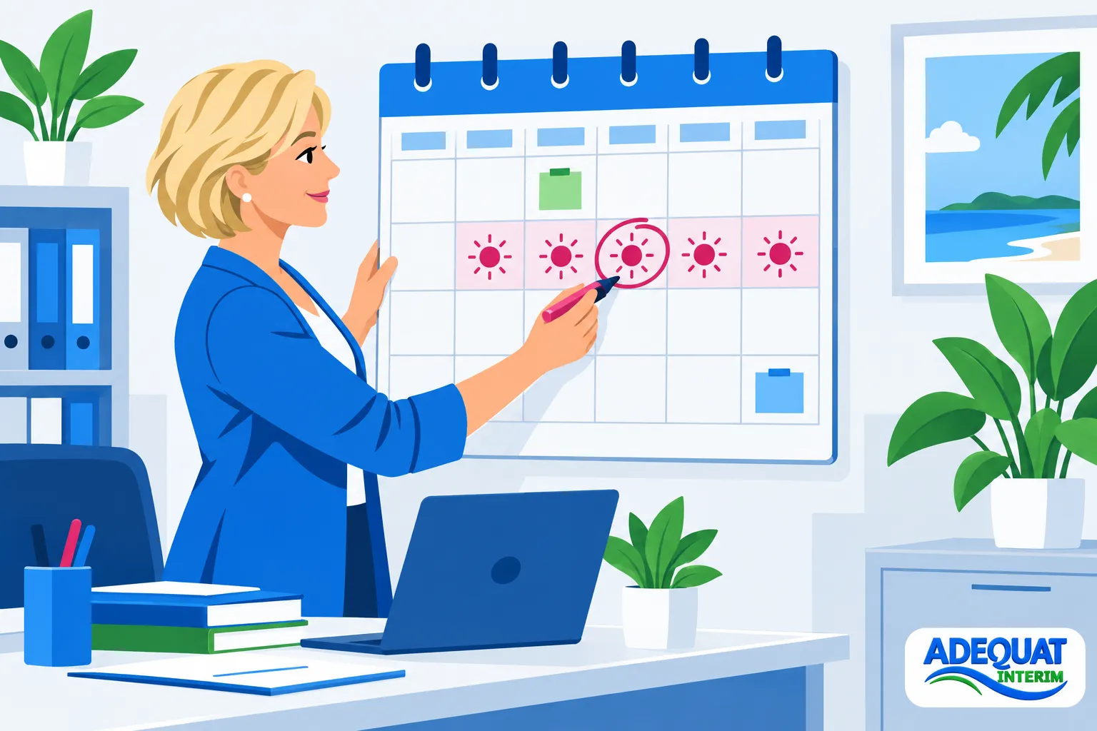 Une femme d’affaires blonde explique un planning mensuel sur un grand calendrier affiché au mur.