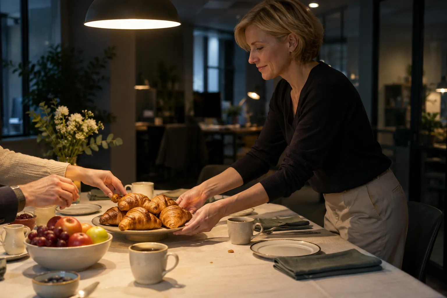 Une femme sert des croissants sur une table de petit-déjeuner en milieu de travail.