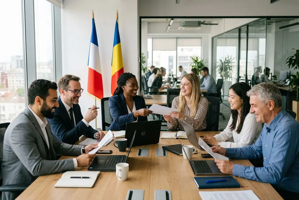 Groupe de professionnels en réunion d’affaires autour d’une table, échange de documents, drapeaux France et Roumanie en arrière-plan. Agences d'intérim roumanie.