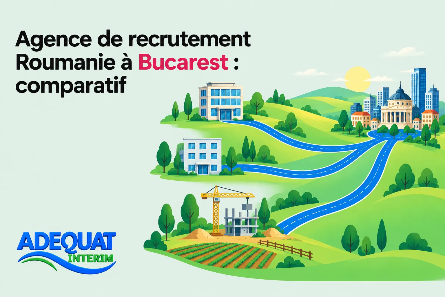 Une illustration montre des bâtiments, des routes sinueuses et des zones vertes, évoquant une agence de recrutement à
