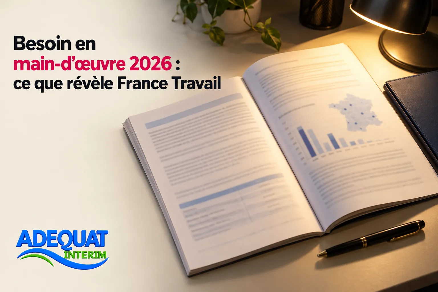 Livre ouvert avec graphiques et texte, posé sur une table près d’une lampe et d’un stylo.