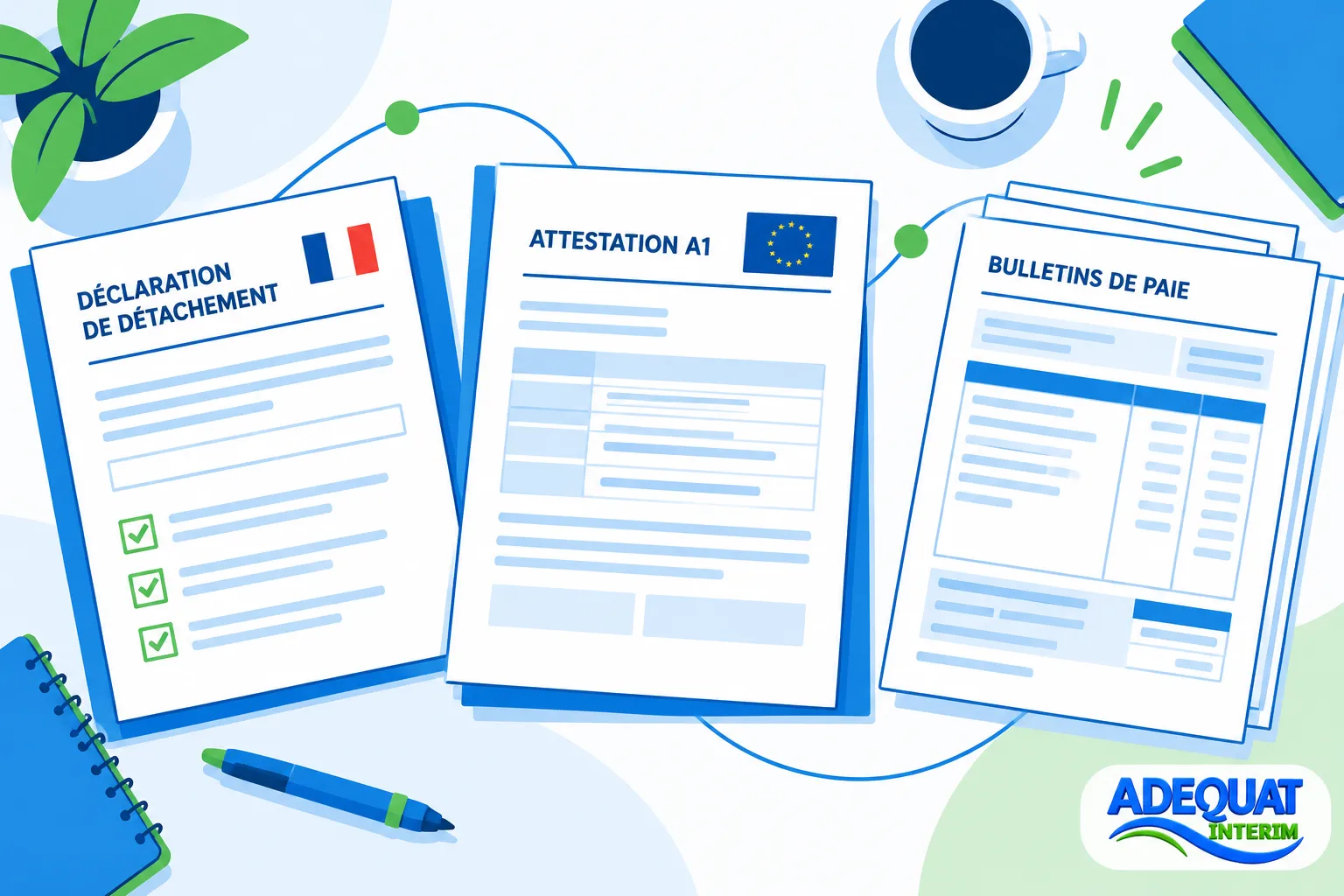 Papiers administratifs posés sur une table: une déclaration de détachement, une attestation A1 et des bulletins de paie.