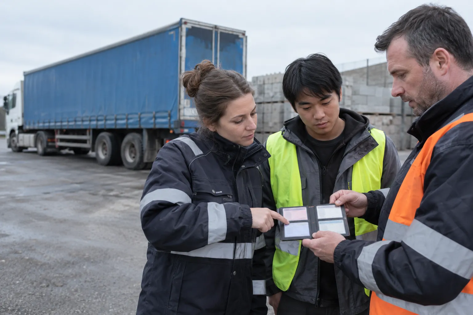 Trois travailleurs discutent devant un camion, examinant ensemble des documents de sécurité.